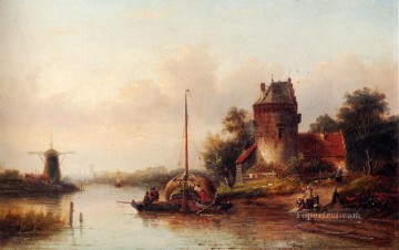 要塞化された農家のそばに係留されたヘイバージのある夏の川の風景 ヤン・ジェイコブ・コーエンラード・シュポーラー Oil Paintings